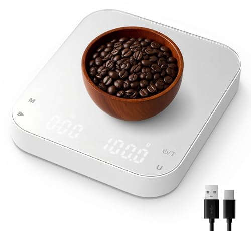 Diyife Kaffeewaage mit Timer, 3kg/0,1g Wiederaufladbare Espresso Waage,Weiß | 6 Maßeinheiten, Abnehmbare Wärmepads, Glasoberfläche, Professionelle Coffee Scale für Espresso & Pour-Over