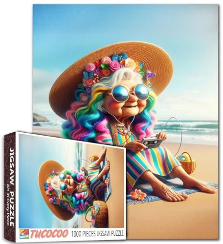 Buntes Oma am Strand, Puzzle für Erwachsene, 1000 Teile, Musik hören, Puzzle, skurrile Cartoon-Kunst, entspannend, niedliche alte Frau, Puzzle, lustiges Gehirnspiel, Geschenk für Frauen, Familie