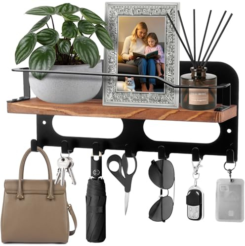 KENPOJO Schlüsselbrett mit Ablage Holz & 7 Edelstahlhaken, Schlüsselhalter Wand Multifunktional Key Holder Wall Modern, Dekorative Schlüsselboard für Eingang Flur Schlafzimmer Wohnzimmer, Schwarz