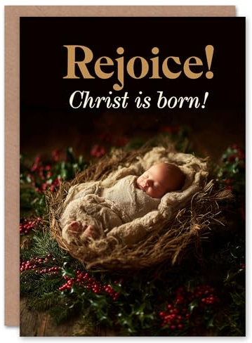 Artery8 Christmas Card Rejoice Christ is Born Baby Jesus Holly and Pine