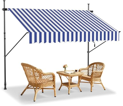 LZQ Klemmmarkise Balkon, Markise Einziehbar Manuell, Handkurbel, höhenverstellbar, UV-beständig, ohne Bohren, 100% Polyester, Blau-weiße, 250x120cm