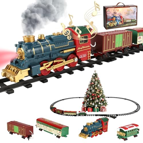 Weihnachtszug Elektrisch mit Rauch, Licht & Sound, Eisenbahn Kinder Elektrisch mit Lokomotive, 3 Waggons, 12 Schienen & Weiche, Eisenbahn Weihnachtsbaum Spielzeuge für den Tannenbaum ab 3 Jahren