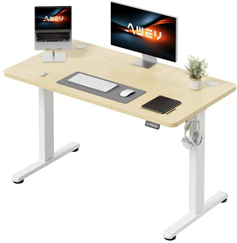 AWEV Electric Standing Desk 120 x 60 cm, Height Adjustable Sit Stand Desk with Backpack Hook & Memory Smart Pannel, Home Office Desk, Beige
