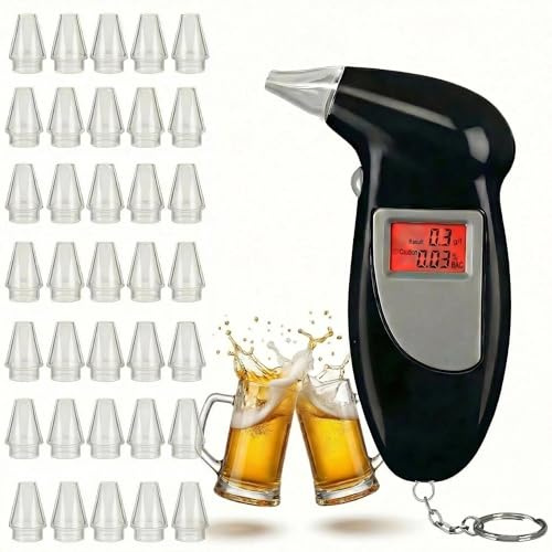 Alkoholtester Polizeigenau & Professionell – Portable Alkoholmessgerät mit Akku, 35 Mundstücke, Atemalkoholtester für Autofahren, Familie und Arbeit, Präzises Promillemessgerät mit Digitaldisplay