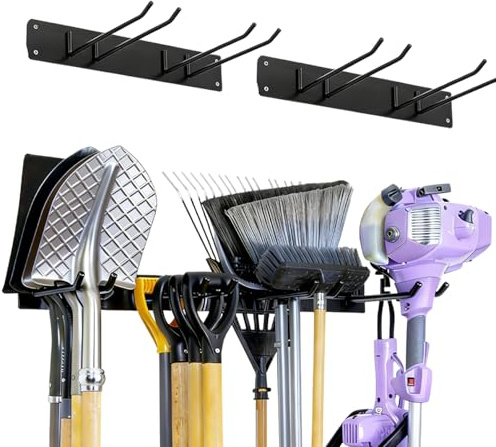 XJJAUGKLY Gartengeräte Halterung, Gerätehalter Wandhalterung 150kg Tragkraft mit 4 Doppelhaken für Schaufel, Besen, Rechen, Robuster Werkzeughalter für Gartenwerkzeug in Garage, Garten, Keller
