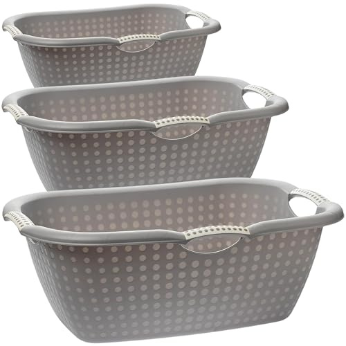 Livinja Wäschewanne 3er Set Wäschekörbe Grau 20L Ergonomische Griffe Wäschebox Kunststoff Stapelbar Made in EU Wäschesammler Haushalt 60x40x22cm