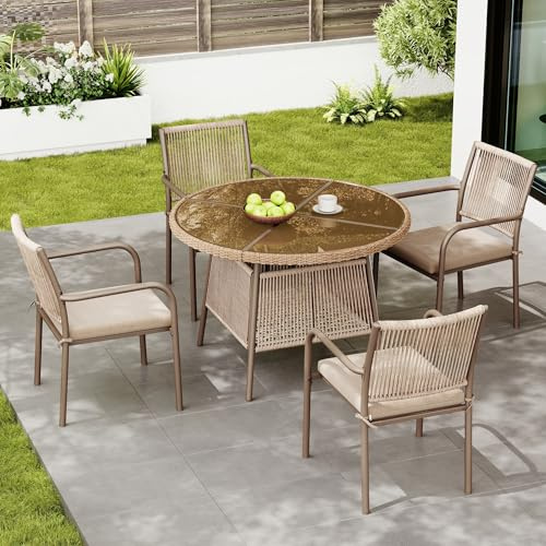 Fppuueg Conjunto Mesa y Sillas Jardín Ratán PE 5 Piezas, Conjunto Jardin Exterior con 1 Mesa de Comedor Redonda y 4 Sillones, Mesa y Sillas Terraza Exterior con Cojines, Marco Metálico, Marrón
