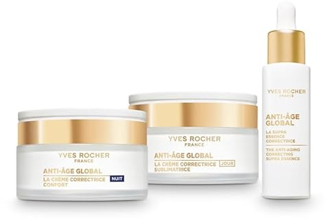 Yves Rocher Anti-Age Global Set – Tagescreme 50ml + Nachtcreme 50ml + Supra Essence Serum 30ml – Mit Gold-Achillea – Anti-Aging Gesichtspflege – Strafft, regeneriert und hydratisiert