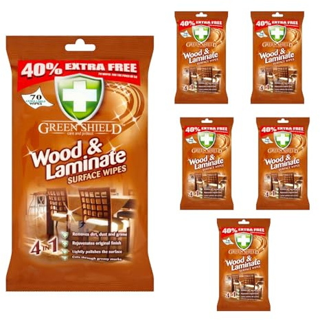 Green Shield Wood & Laminate Cleaning Wipes, 70 Large Sheets, Multi-Surface Furniture Cleaner for Tables, Cabinets & Floors, Removes Dust, Grease & Marks, Shine Enhancing, (Pack of 6)