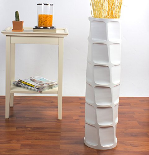 Leewadee Große Deko Bodenvase Für Dekozweige, Hohe Standvase Für Pampasgras, Design Holzvase, 70 cm, Weiß