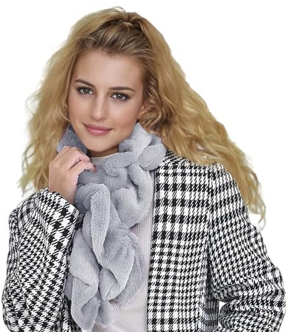 Lina & Lily Damen Winter Schal Halswärmer mit Rüschen aus Kunstpelz Fell (Hellgrau)