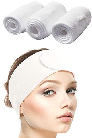 Queta Haarband für Make Up, Kosmetik Stirnband Frottee, verstellbare Haarschutzband mit Klettverschluss 3pcs (Weiß, Normal)