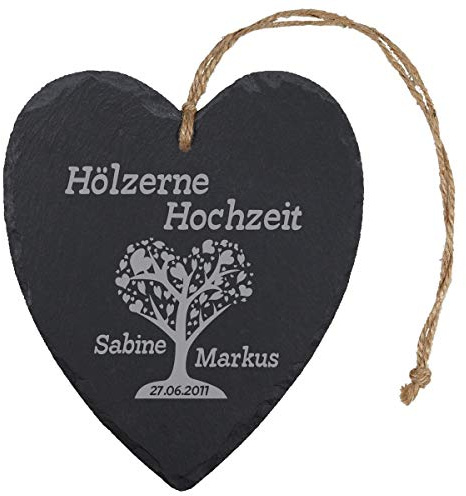 Geschenke 24 Schieferherz – Hölzerne Hochzeit Herzbaum: persönliches Schiefer Herz Bedruckt – personalisiert mit Namen + Datum – 5. Hochzeitstag Geschenk