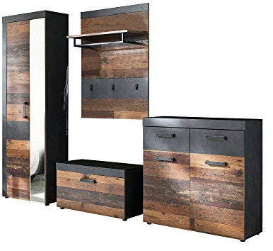 Newfurn Garderobe Komplettgarderobe Industrial Garderobenschrank Flurgarderobe Flurmöbel Schrank II 265x192x 37 cm (BxHxT) II [Damian.Eight] in Old Wood/Graphit Grau Matera Flur Diele