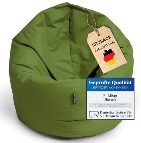 BuBiBag XXL Sitzsack, Riesensitzsack für Erwachsene - XXL Sitzsäcke, Sitzkissen oder Gaming Sitzsack, geliefert mit Füllung (145 cm Durchmesser, Khaki)