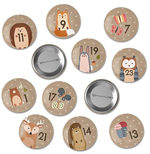 Papierdrachen 24 Adventskalender-Zahlen Buttons 35mm - Anstecknadeln zum Dekorieren von Adventskalendern - mit Zahlen von 1-24 - Waldtiere - Ideal für Stoffsäckchen, Tüten und Beutel