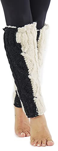 Tibetan Socks Handgestrickte Beinstulpen aus Wolle mit Fleece gefüttert, schwarz und weiß, Einheitsgröße