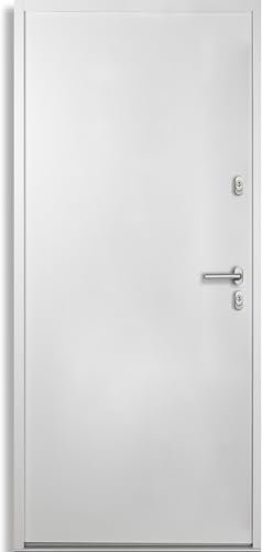 kuporta Haustür Nebeneingangstür Hugo 90x200cm DIN rechts – Kellertür aus Stahl mit Tresorbolzen, Wärmedämmfüllung, verstellbaren Bändern und Aushebelsicherung - Weiß | 1x Drücker, 1x Knopf