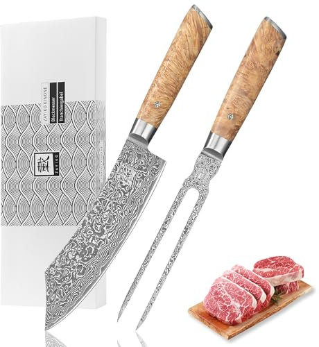 zayiko Kinone Premium 2er Tranchier-Set mit 18-20 cm Klingen gefertigt aus 67 Lagen echtem Damaststahl mit Wurzelholzgriffe Birke I Damastmesser Küchenmesser und Profi Kochmesser