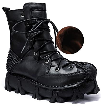 Scarpe da Motociclista da Uomo-Stivali da Uomo con Suola Spessa,Stivali da Moto in Pelle con Armatura,Scarpe da Moto Impermeabili,Stivali da Uomo Foderati in Pelle da Trekking,Black b,48