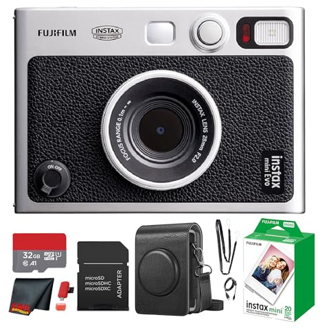 Fujifilm Instax Mini EVO Hybrid Instant Camera (Black) Bundle with Instax-Mini Twin Pack Instant-Film 20 Sheets + 32GB Memory Card + Vintage Black Mini-Evo Camera Case + Cleaning Cloth