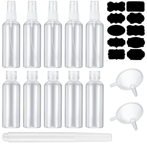 10 Pcs 100 ml Clear Travel Containers Bottles Set(5 x Flip Cap Bottle, 5 x Mist Spray Bottle), Transparent Travel Toiletries Bottles for Makeup, Travels, Toiletries, with 2 Funnels, 1 Label, 1 Pen
