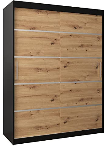 MEBLE KRYSPOL Schwebetürenschrank Verona 1 150 cm Kleiderschrank mit Kleiderstange und Einlegeboden Schlafzimmer- Wohnzimmerschrank Schiebetüren Modern Design (Schubladen: 0, Schwarz + Artisan Eiche)