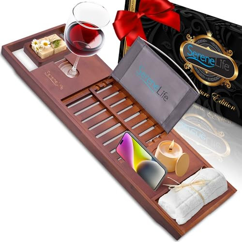 SereneLife Bandeja bañera, Bambu, Extensible, Ajustable, Soporte para Copa de Vino, Libro, Movil, Tablet
