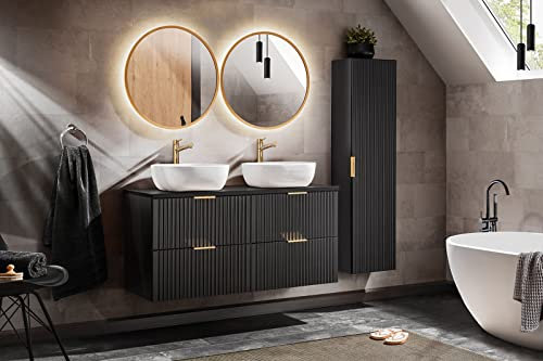 NAKA ADEL Badmöbel-Set mit Waschbecken 120 cm Badschrank Waschtisch Soft-Close-Mechanismus Badezimmerschrank Spiegel LED Waschbeckenunterschrank Schwarz Komplettes Set Montiert