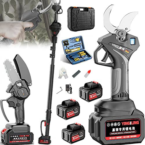 TAHALI Tijeras de podar eléctricas telescópicas, Tijeras de podar eléctricas con batería y Mango telescópico Diámetro de Corte 50mm Tijeras Profesionales sin Cable,Battery*3