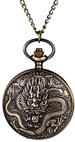 JewelryWe Taschenuhr Herren Antik Drachen Kettenuhr Vintage Analoge Quarz Uhr Anhänger mit Halskette Kette für Männer Bronze