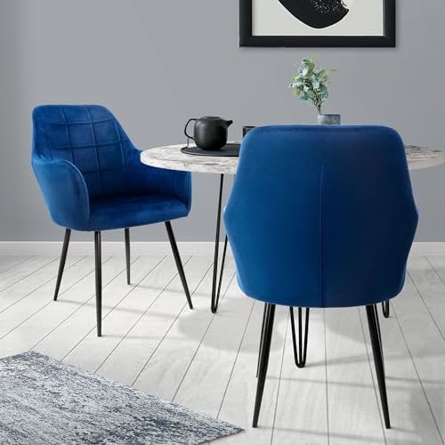 ECD Germany 2er Set Esszimmerstühle mit Rücken- und Armlehnen, Dunkelblau, Küchenstühle mit Samtbezug, Polsterstühle mit Metallbeinen, Ergonomische Stühle für Esstisch, Wohnzimmerstühle Esszimmerstuhl