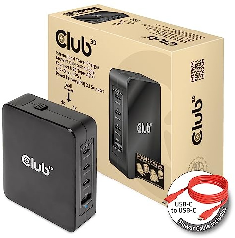 Club3D CAC-1917 Reise-Ladegerät 140W GaN-Technologie, USB Typ-A(1x) und Typ-C(3X), PPS + Power Delivery (PD) 3.1 Unterstützung