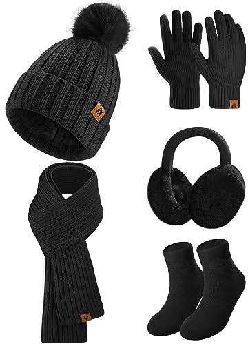 heekpek Mütze Schal Handschuhe Ohrenschützer und Socken Set Damen 5 Stücke Warme Wintermütze Winterschal Strick Winterzubehör Winterset 5 in 1, Schwarz
