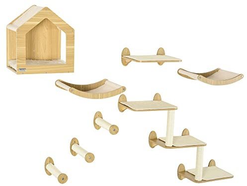 PawHut 8 Piece Cat Shelves Set with Cat House, 3 Perches