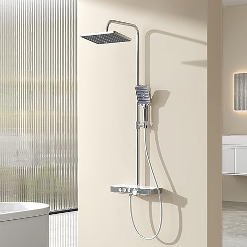 EMKE Duschsystem Duschset mit Theramostat Regendusche und Handbrause 3 Strahlarten, 36cm Thermostatische Platte, 30cm Regendusche, Freie Winkel- und Höhenverstellung, KTW Zertifizieren, Chrom