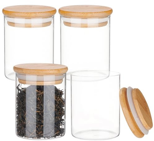 BENECREAT 4 Paquet Pot en Verre Transparent avec Couvercles en Bambou 7oz (200ml) Petit Récipient Rond de Stockage D'Épices Hermétique avec Couvercles à Anneau en Silicone pour la Cuisine à Domicile