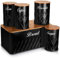 NTEK 5pc Kitchen Storage Bamboo Lid Set Includes Tea, Coffee, Sugar, Bread and Biscuit Barrel Canister Jar & Stylish Bread Bin - Diamond Embossed Design Matt Finish (BLACK)