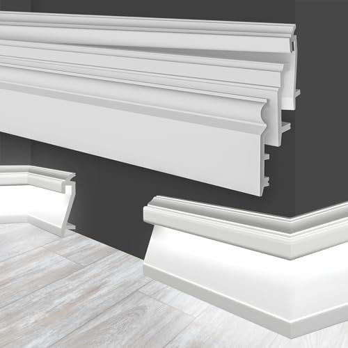 MARBET DESIGN Battiscopa in plastica bianca HDPS - Profilo da 2 metri per battiscopa Finitura pavimenti Listelli Finitura pavimenti Canalina cavi (HF-3 109x22 mm, Campione)