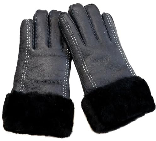 Woolous Lammfell Handschuhe Damen Winter, Wolle-Futter Thermo Handschuhe aus Schafwolle, Super Warm und Atmungsaktiv für Autofahren, Motorradfahren, TäGlich (Schwarz)