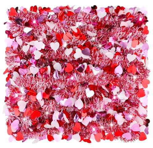 Riceshoot Lametta-Girlande, 40 m, metallisches Herz, zum Aufhängen, gedrehtes Lametta, künstlich, rosa, rot, glitzernde Girlande für Valentinstag, Hochzeit, Party, Dekoration