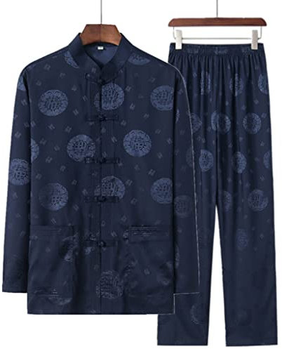 AMAXRcsy Costume Tang Vêtements Fantaisie Style Chinois Ensembles pour Hommes à Manches Longues Pantalon Long Dragon Kung Fu Costume Satin Soie WU Shu Tai Chi Ensembles d'entraînement (Bleu XL 3)