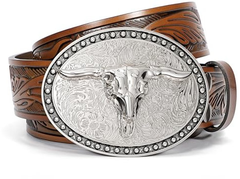 SANSTHS Western Cowboy Gürtel für Herren Damen, Western Leder Gürtel Bull Buckle Belt Geprägter Ledergürtel für Jeans, Braun/Lange Bullenschnalle