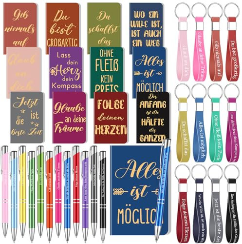 Clabby 36 Stück Inspirierendes Geschenkset Deutsch Inspirierende Notizblöcke mit Spruch 12.4 x 8cm Einziehbarer Kugelschreiber Silikon Schlüsselanhänger Farbtagebuch Notizbuch Schule Büro Partyzubehör