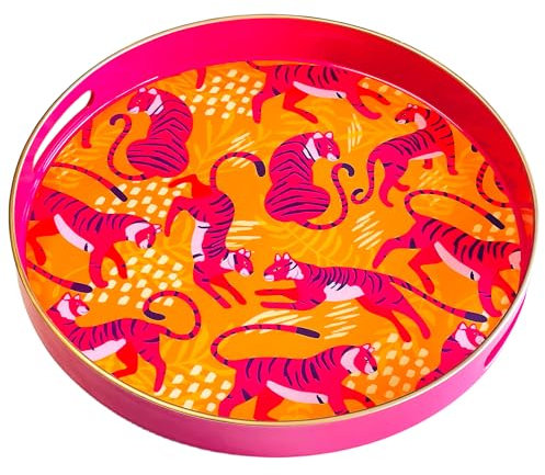Simmer Stone Round Decorative Tray, Plastic with Handles, Modern Vanity and Serving for Ottoman, Coffee Table, Kitchen and Bathroom, Size 13 INCH (Leopard Orange)