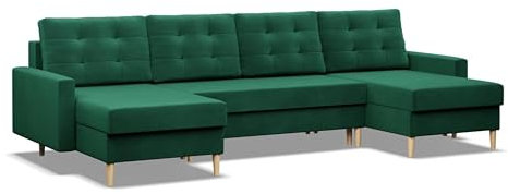 Mebligo - U-Förmige Ecksofa mit Schlaffunktion und Bettkasten BLANK, Bonell-Federn, Couch U Form 294x92x140 cm, Klappsofa mit Schlaffunktion, Wohnzimmer Eckcouch mit Bettfunktion- Ecksofa Dunkelgrün
