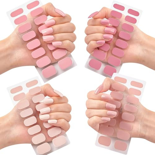 4 Sheets Gel Nail Stickers 4 Colors Simple Style Gel Nail Strips Semi Cured Gel Nail Strips UV Light Required Full Gel Nail Wraps Safe Nail Art Stickers for Home Nails DIY (No UV Light)
