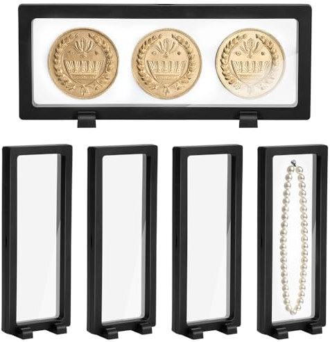 5PCS Transparentes 3D Floating Display Case mit 10PCS Halterung - Schwarzer Münzpräsenterahmen für antike Herausforderungs-AA-Medaillen, Schmuck, Muscheln, Fossilien (230*90*20mm)
