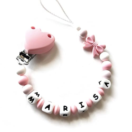 Catenella Portaciuccio con Nome, Catenina Porta Ciuccio Personalizzata Compatibile con ogni Succhietto (cuore rosa)