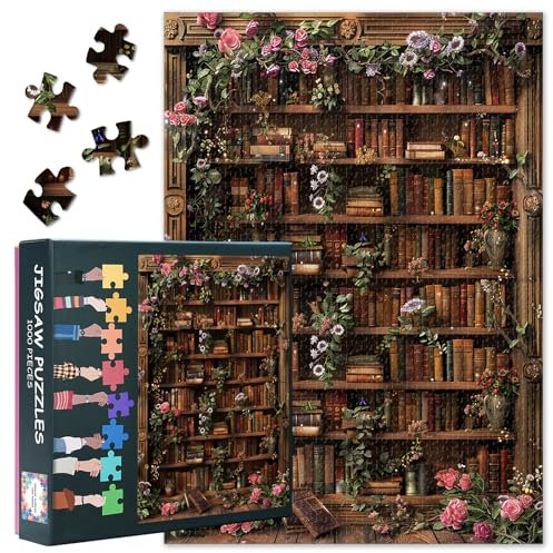 Jigsaw Puzzles for Adults 1000 Bookshelf 1000 Piece Jigsaw Puzzle for Adult Puzzles Games 1000 Pieces Flower Book Puzzle Toy, 50x70cm